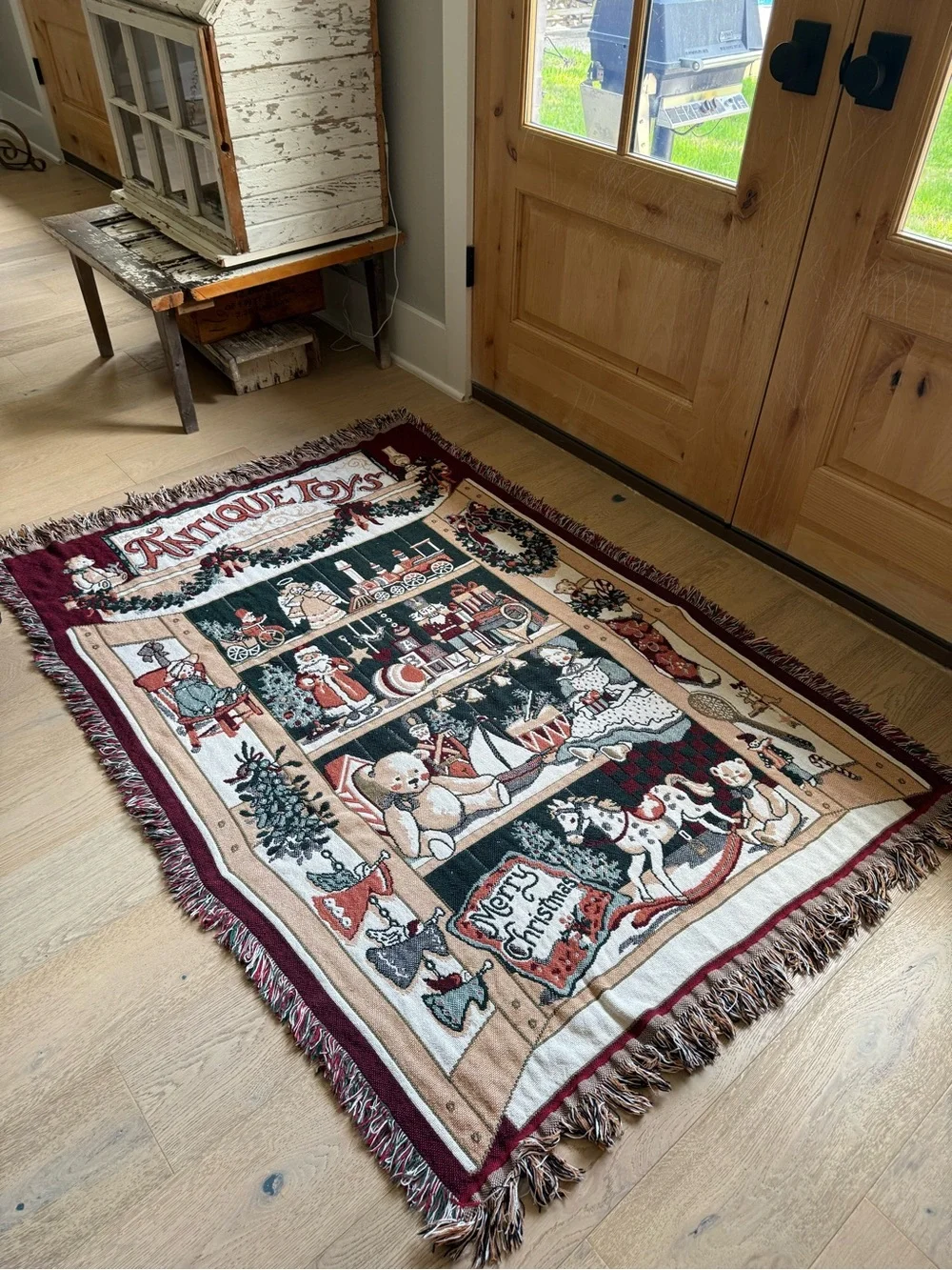 Vintage Fieldcrest Antique Holiday Throw Blanket - Burgundy, Green, Cream